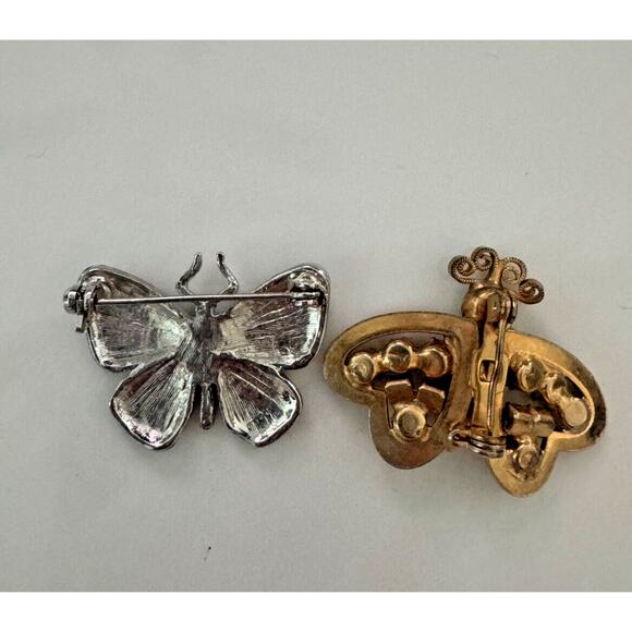 Vintage Butterfly Brooch Pins Lot of 2- Gold Tone with Rhinestones, Enamel Inlay - Picture 4 of 5